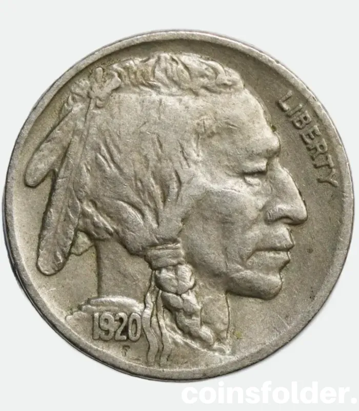 1920 USA 5 Cents "Buffalo Nickel" featuring Native American chiefs and American bison.