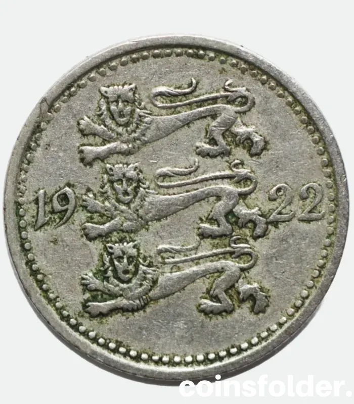 1922 Estonia 3 Marka coin featuring three lions on the obverse and denomination on the reverse in Very Fine condition.