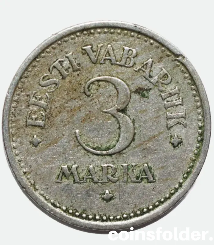 1922 Estonia 3 Marka coin featuring three lions on the obverse and denomination on the reverse in Very Fine condition.