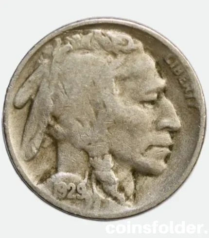 1929 USA Denver 5 Cents "Buffalo Nickel" featuring Native American chiefs and an American bison.