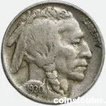 1930 USA San Francisco 5 Cents "Buffalo Nickel" featuring Native American chiefs and an American bison.