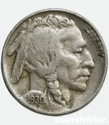 1930 USA San Francisco 5 Cents "Buffalo Nickel" featuring Native American chiefs and an American bison.