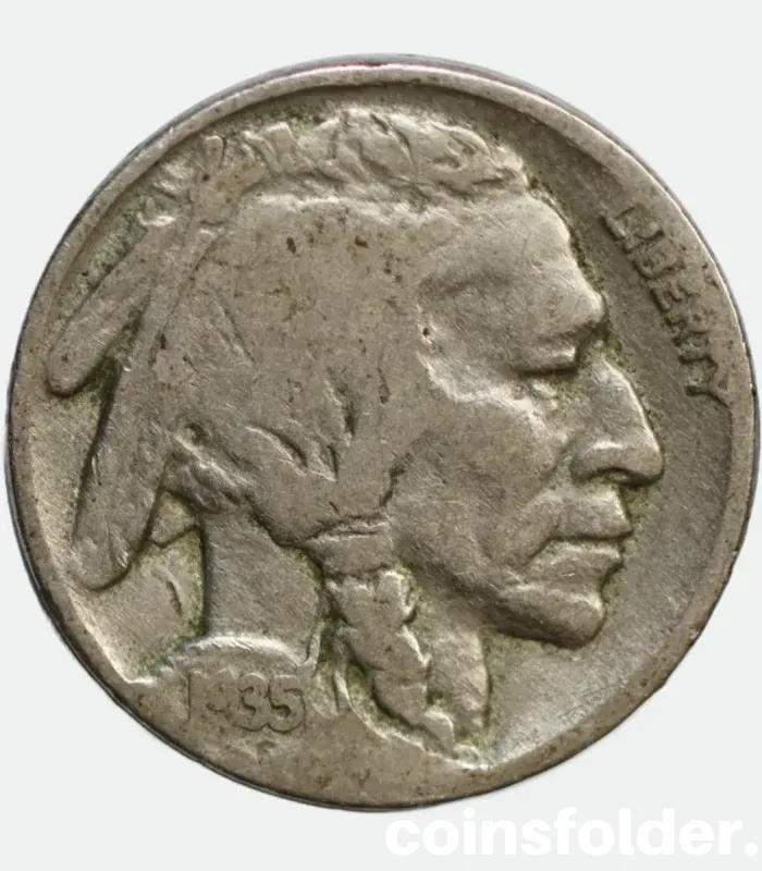 1935 USA Philadelphia 5 Cents "Buffalo Nickel" featuring Native American chiefs and an American bison.