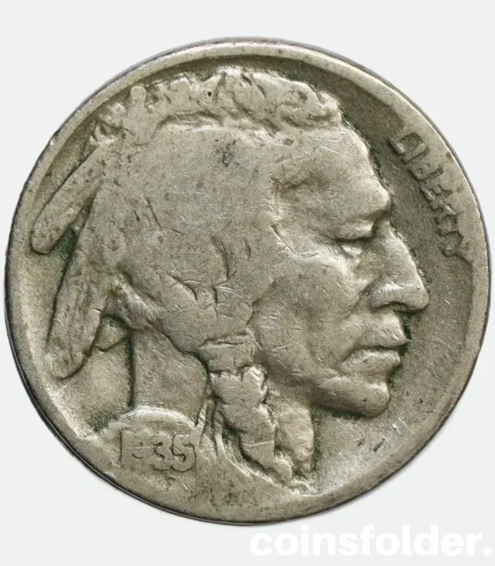 1935 USA Philadelphia 5 Cents "Buffalo Nickel" featuring Native American chiefs and an American bison.