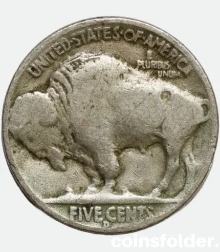 1936 USA Denver 5 Cents "Buffalo Nickel" featuring Native American chiefs and an American bison.