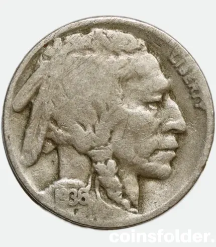 1936 USA Denver 5 Cents "Buffalo Nickel" featuring Native American chiefs and an American bison.