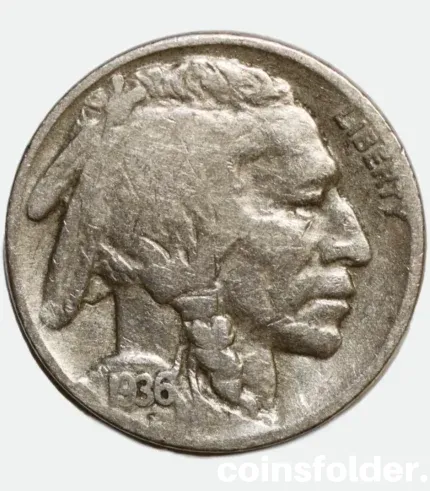 1936 USA Philadelphia 5 Cents "Buffalo Nickel" featuring Native American chiefs and an American bison.