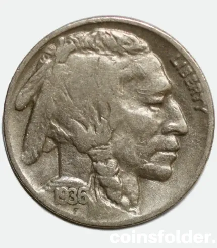 1936 USA Philadelphia 5 Cents "Buffalo Nickel" featuring Native American chiefs and an American bison.