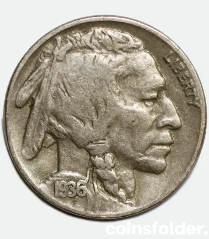 1936 USA Philadelphia 5 Cents "Buffalo Nickel" featuring Native American chiefs and an American bison.