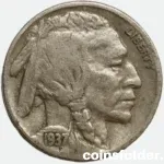 1937 USA Philadelphia 5 Cents "Buffalo Nickel" featuring Native American chiefs and an American bison.
