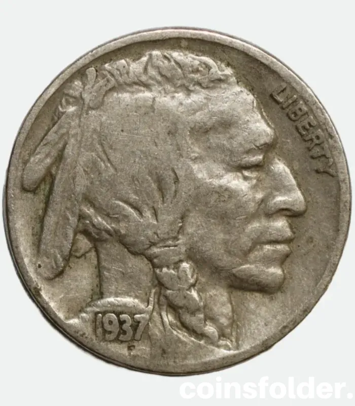 1937 USA Philadelphia 5 Cents "Buffalo Nickel" featuring Native American chiefs and an American bison.