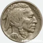 1937 USA Philadelphia 5 Cents "Buffalo Nickel" featuring Native American chiefs and an American bison.