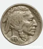 1937 USA Philadelphia 5 Cents "Buffalo Nickel" featuring Native American chiefs and an American bison.