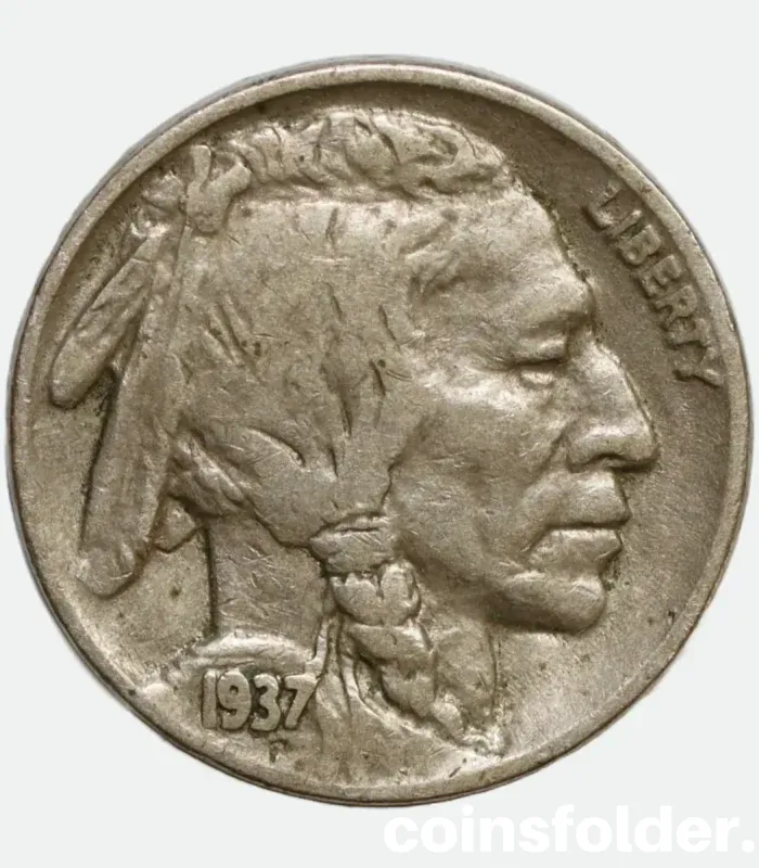 1937 USA Philadelphia 5 Cents "Buffalo Nickel" featuring Native American chiefs and an American bison.