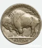 1937 USA Philadelphia 5 Cents "Buffalo Nickel" featuring Native American chiefs and an American bison.