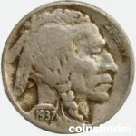 1937 USA Denver 5 Cents "Buffalo Nickel" featuring Native American chiefs and an American bison.