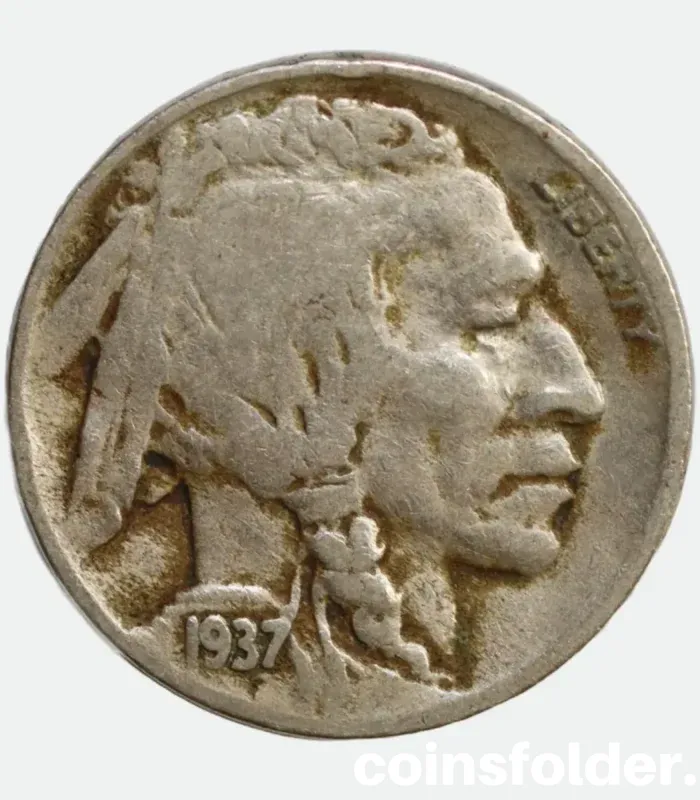 1937 USA Denver 5 Cents "Buffalo Nickel" featuring Native American chiefs and an American bison.