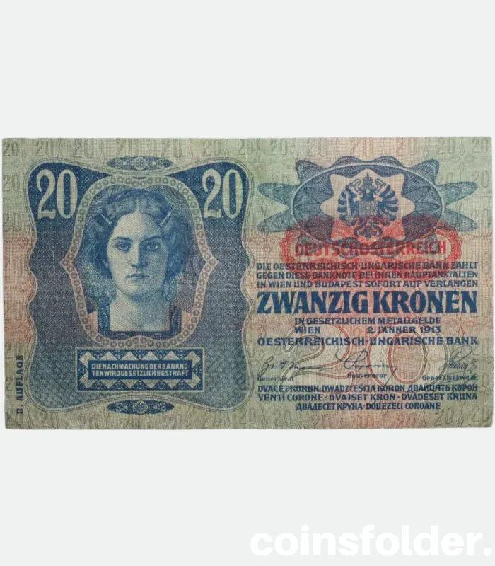 1913 Austria 20 Kronen banknote, second issue, red overprint above arms