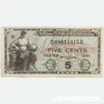 1951 USA 5 Cents Military Payment Certificate with allegorical woman and U.S. Seal, VF