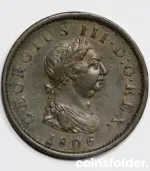 1806 United Kingdom 1 Penny coin, George III portrait, XF condition, Britannia on reverse.