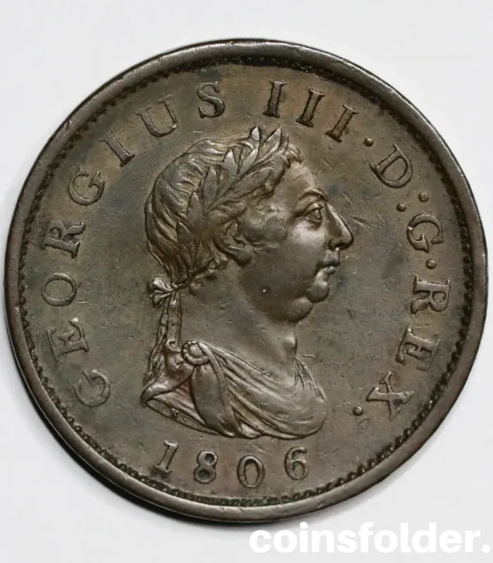 1806 United Kingdom 1 Penny coin, George III portrait, XF condition, Britannia on reverse.