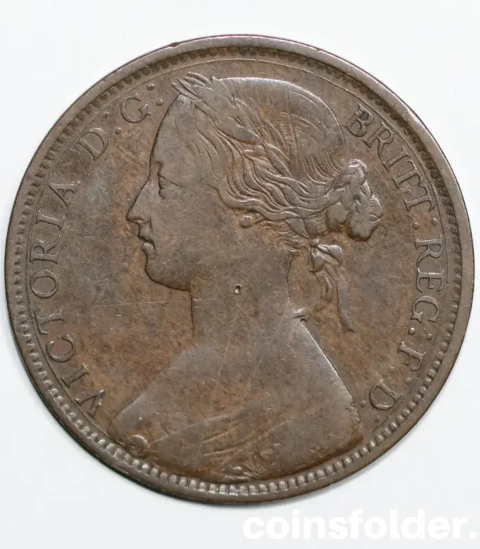 1862 United Kingdom 1 Penny coin, Queen Victoria portrait, VF condition.