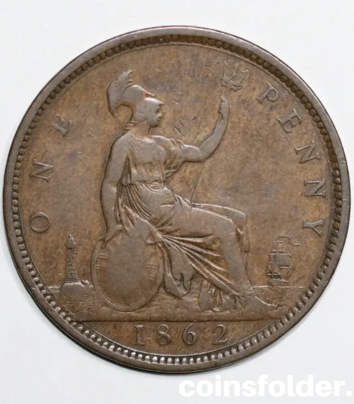 1862 United Kingdom 1 Penny coin, Queen Victoria portrait, VF condition.