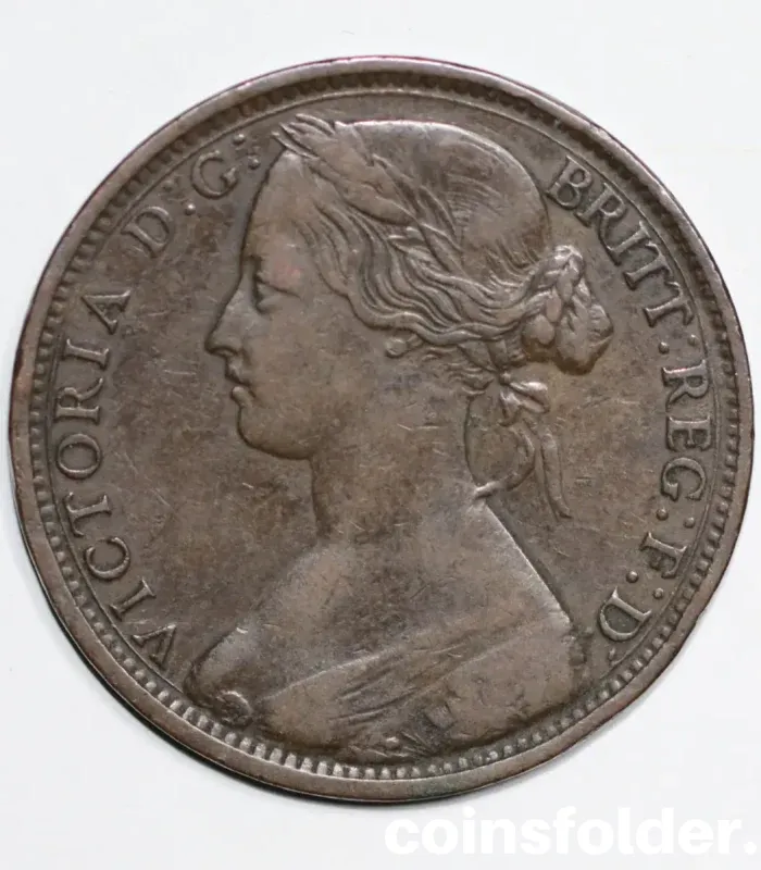 1863 United Kingdom 1 Penny coin, Queen Victoria portrait, no die number, VF condition.