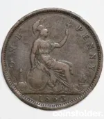 1863 United Kingdom 1 Penny coin, Queen Victoria portrait, no die number, VF condition.