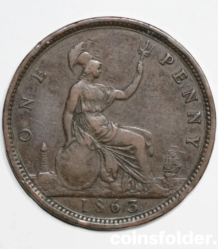 1863 United Kingdom 1 Penny coin, Queen Victoria portrait, no die number, VF condition.