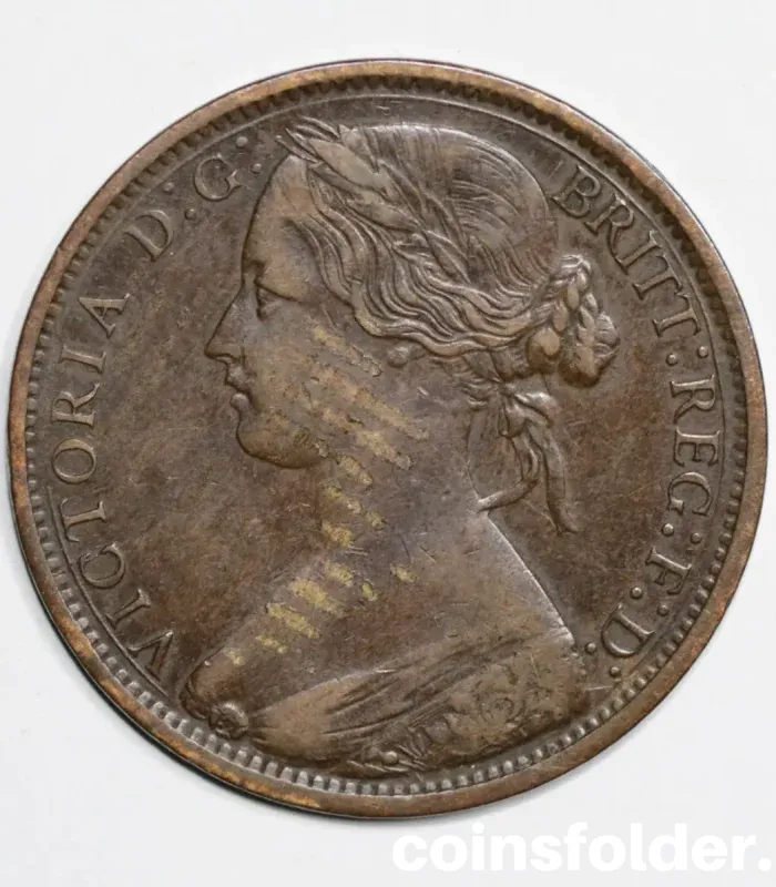 1868 United Kingdom 1 Penny coin, Queen Victoria portrait, rare date, XF condition.