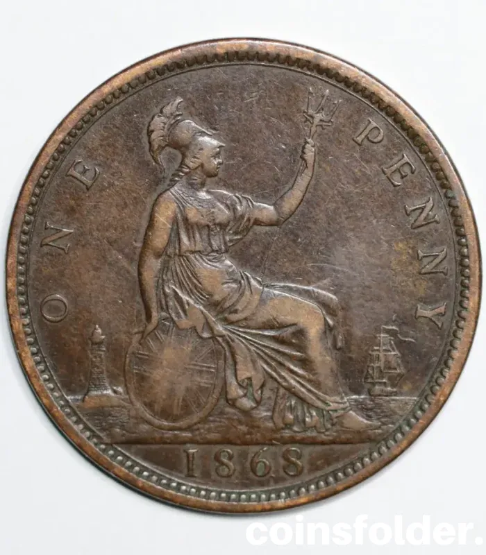 1868 United Kingdom 1 Penny coin, Queen Victoria portrait, rare date, XF condition.