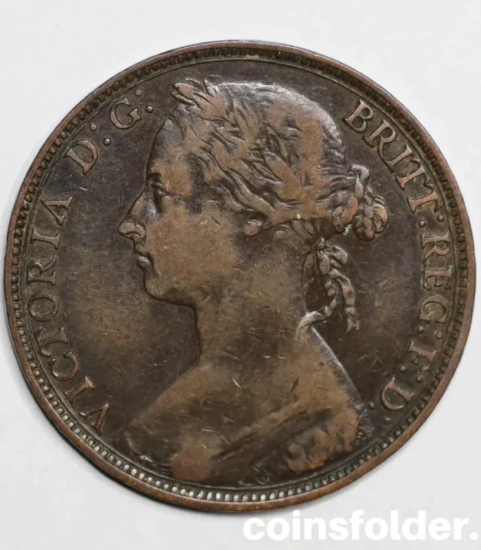 1883 United Kingdom 1 Penny, Queen Victoria "Bun" portrait, F condition.