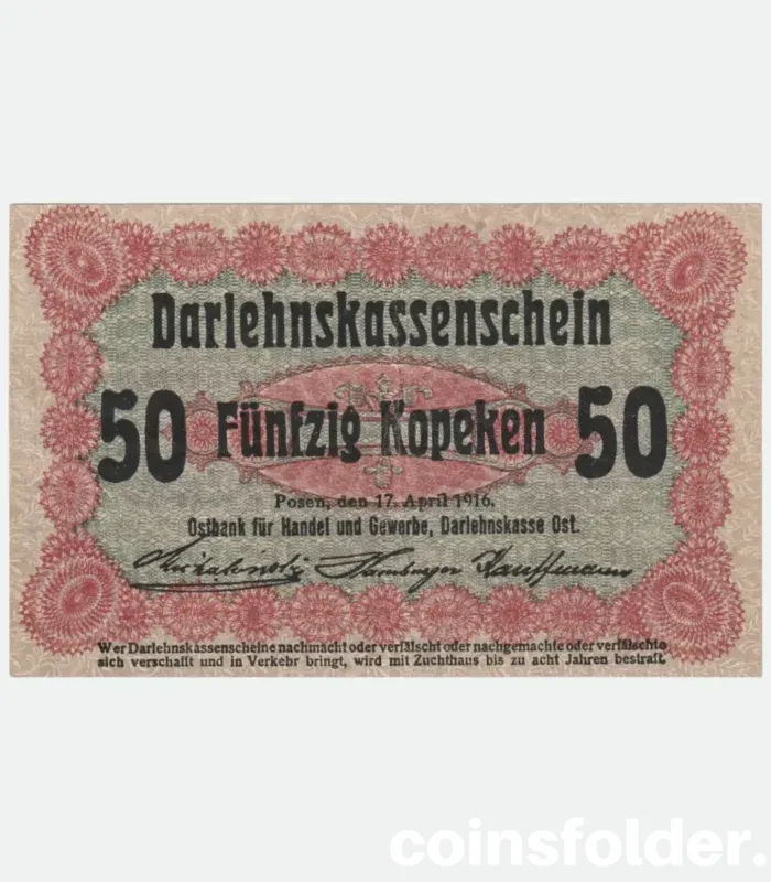 1916 Germany Posen, Lithuania Occupation 50 Kopecks banknote, XF condition