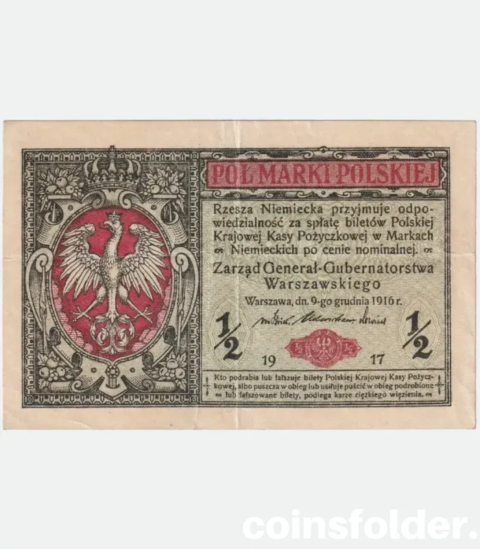 1917 Poland 1/2 Marki banknote featuring the national coat of arms from the Regency Kingdom of Poland.