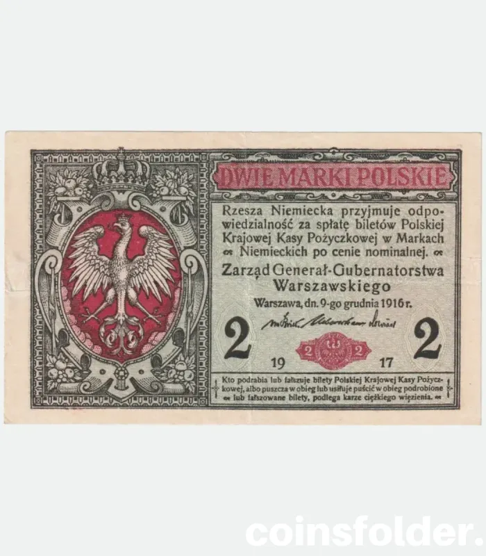 1917 Poland 2 Marki banknote featuring the national coat of arms from the Regency Kingdom of Poland.