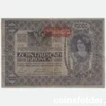 1918 Austria 10,000 Kronen banknote with 1919 overprint in Very Fine condition.