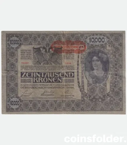 1918 Austria 10,000 Kronen banknote with 1919 overprint in Very Fine condition.