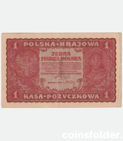 1919 Poland 1 Mark banknote with Polish eagle and Queen Jadwiga portrait