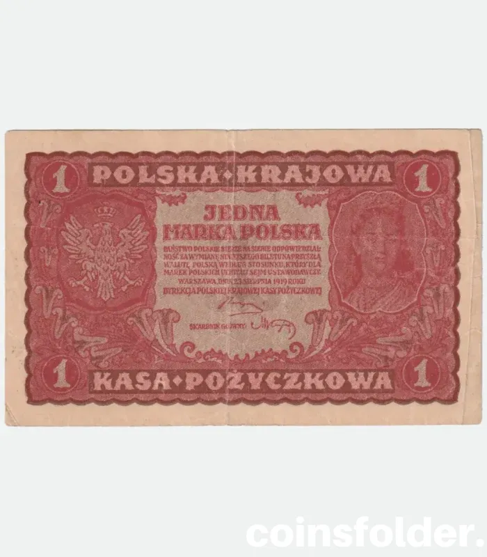 1919 Poland 1 Mark banknote with Polish eagle and Queen Jadwiga portrait