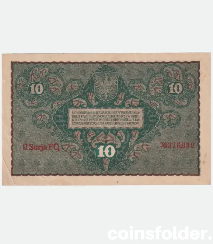 1919 Poland 10 Marks banknote, intricately designed from post-WWI era.