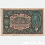 1919 Poland 10 Marks banknote, intricately designed from post-WWI era.