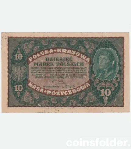 1919 Poland 10 Marks banknote, intricately designed from post-WWI era.