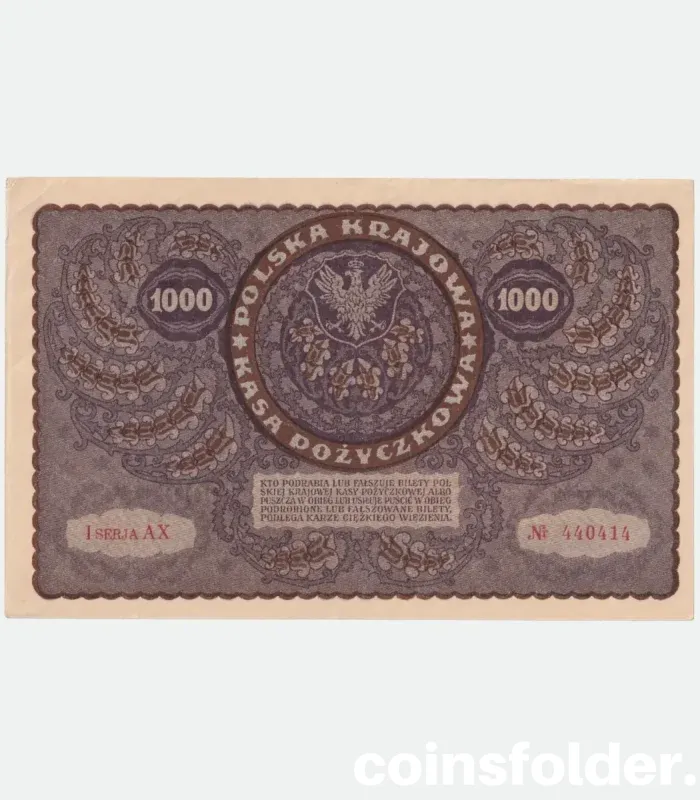 1919 Poland 1000 Marek Banknote featuring Tadeusz Kościuszko and Polish Eagle