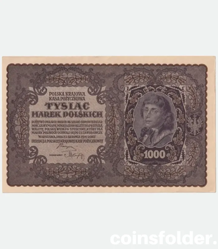 1919 Poland 1000 Marek Banknote featuring Tadeusz Kościuszko and Polish Eagle