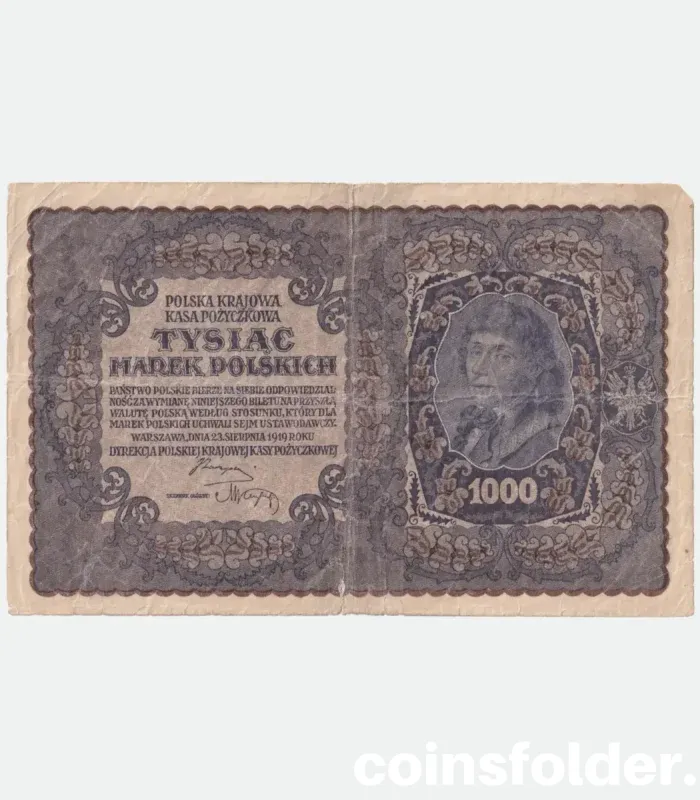 1919 Poland 1000 Marek Banknote featuring Tadeusz Kościuszko and Polish Eagle