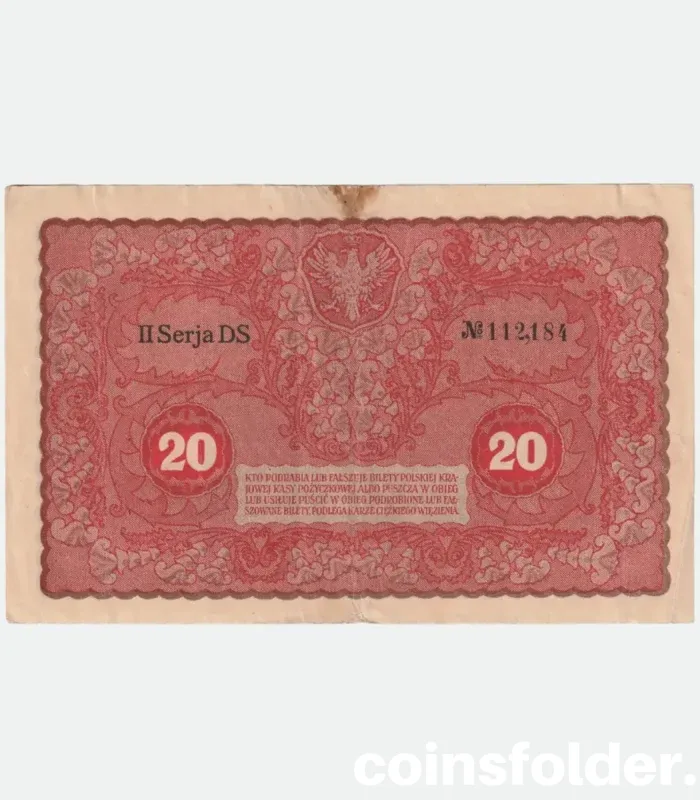 1919 Poland 20 Marks banknote with Polish eagle and intricate design details.