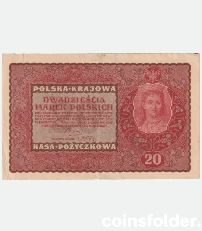 1919 Poland 20 Marks banknote with Polish eagle and intricate design details.