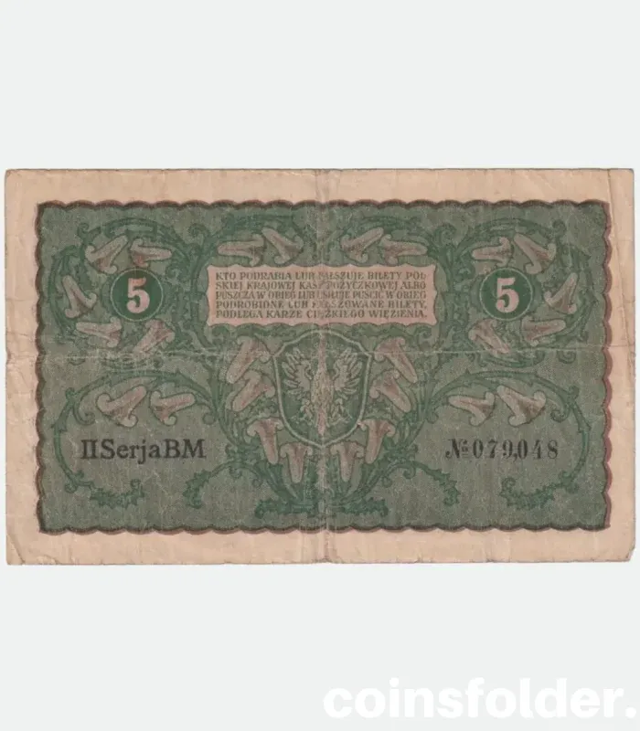 1919 Poland 5 Marks banknote with Polish eagle emblem and intricate designs.