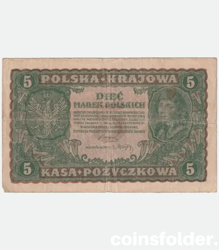 1919 Poland 5 Marks banknote with Polish eagle emblem and intricate designs.